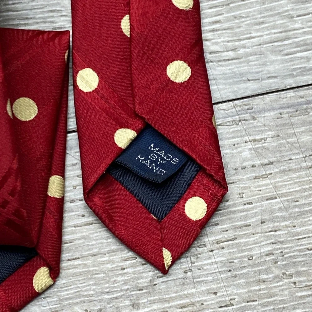 Polo Ralph‎ Lauren Mens Silk Tie Red Polka Dot Plaid Geometric Handmade 3.75